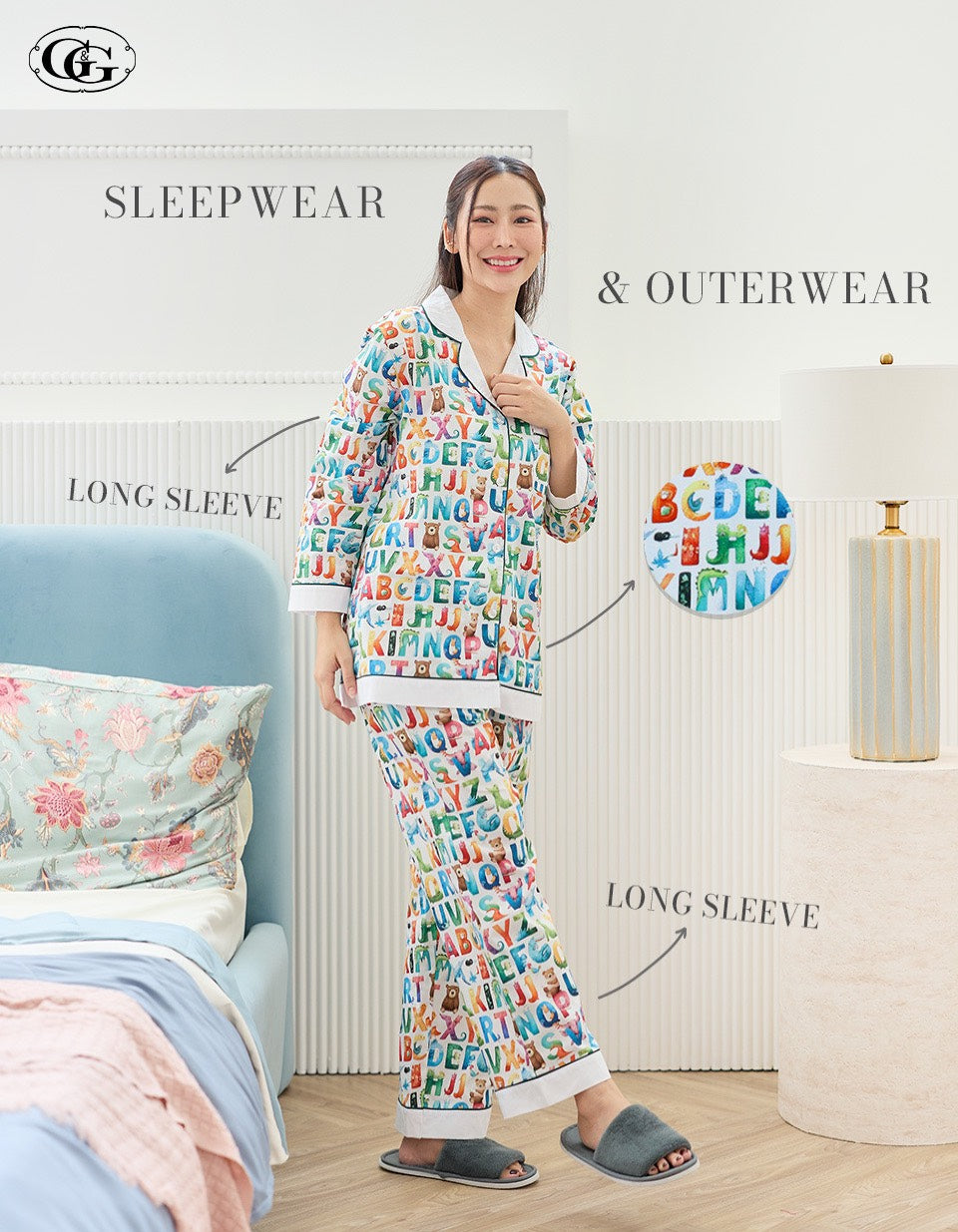 G&G - Pajama Set Long-Sleeve Collared Shirt and Three-Quarter Pants Cotton EN5C001 White (WH) - OCC LIFE