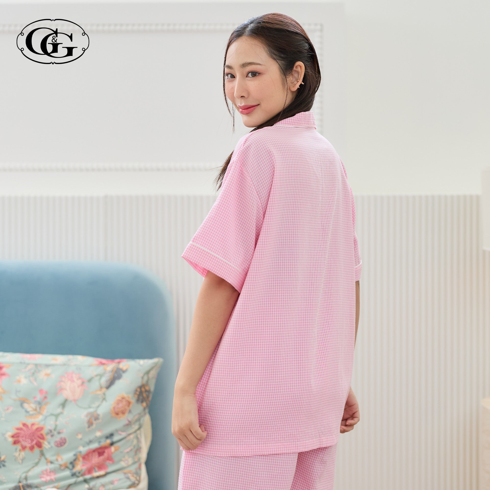 G&G - Pajama Set Short-Sleeve Collared Shirt and Shorts Polyester + Cotton Plaid EN1P009 - OCC LIFE