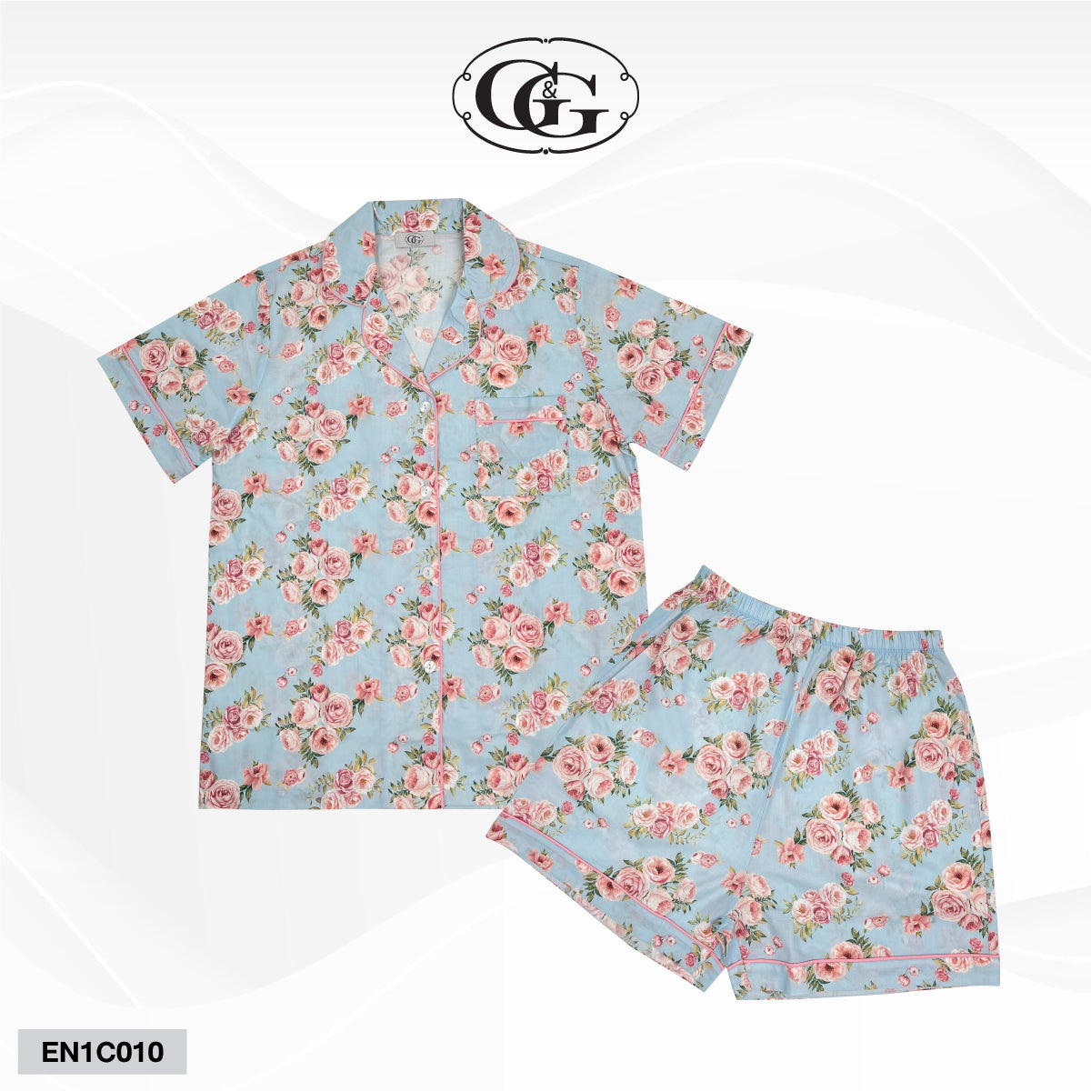 G&G - ชุดนอน เสื้อแขนสั้นคอปก กางเกงขาสั้น ผ้าคอตตอน  EN1C010 สีฟ้า (SX)