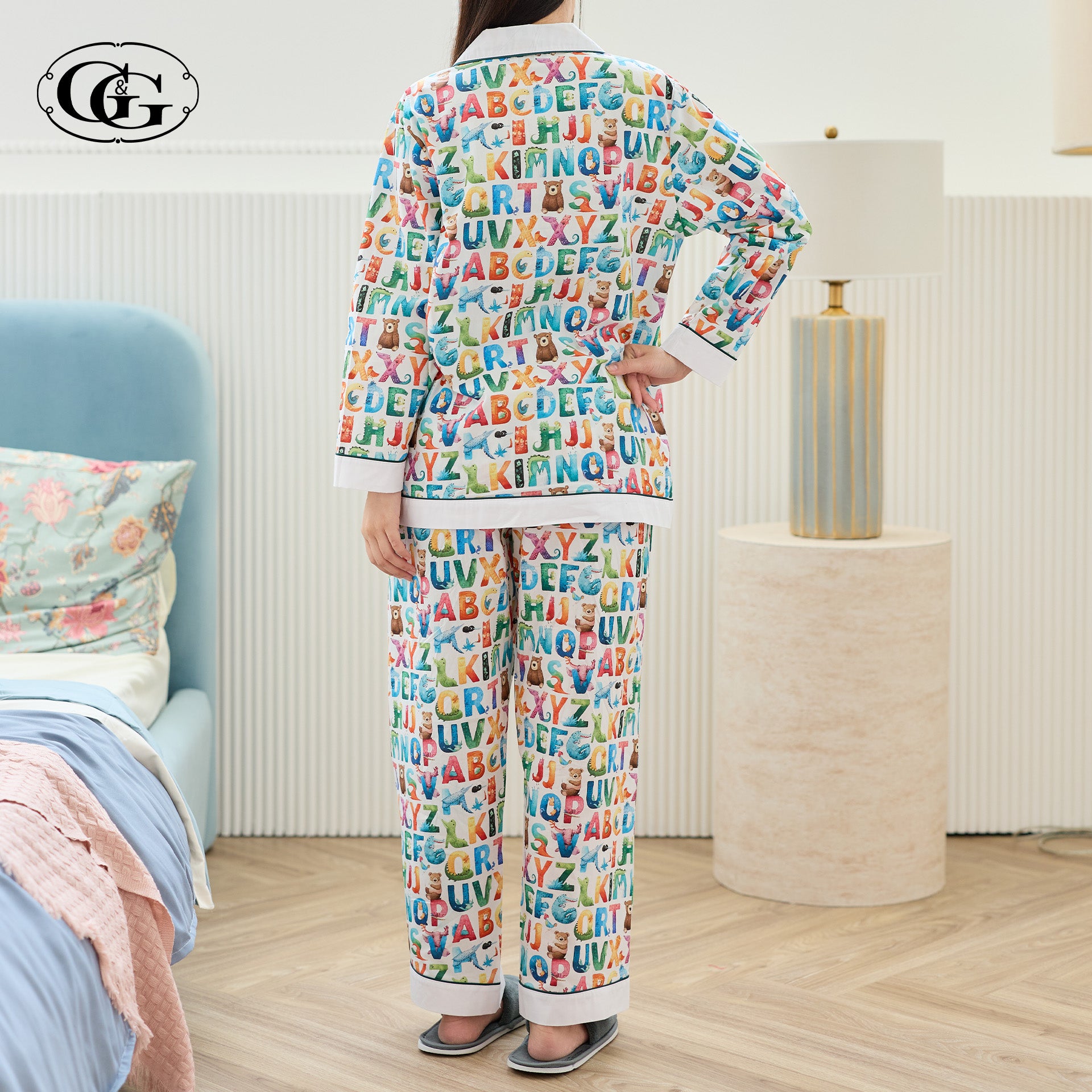 G&G - Pajama Set Long-Sleeve Collared Shirt and Three-Quarter Pants Cotton EN5C001 White (WH) - OCC LIFE