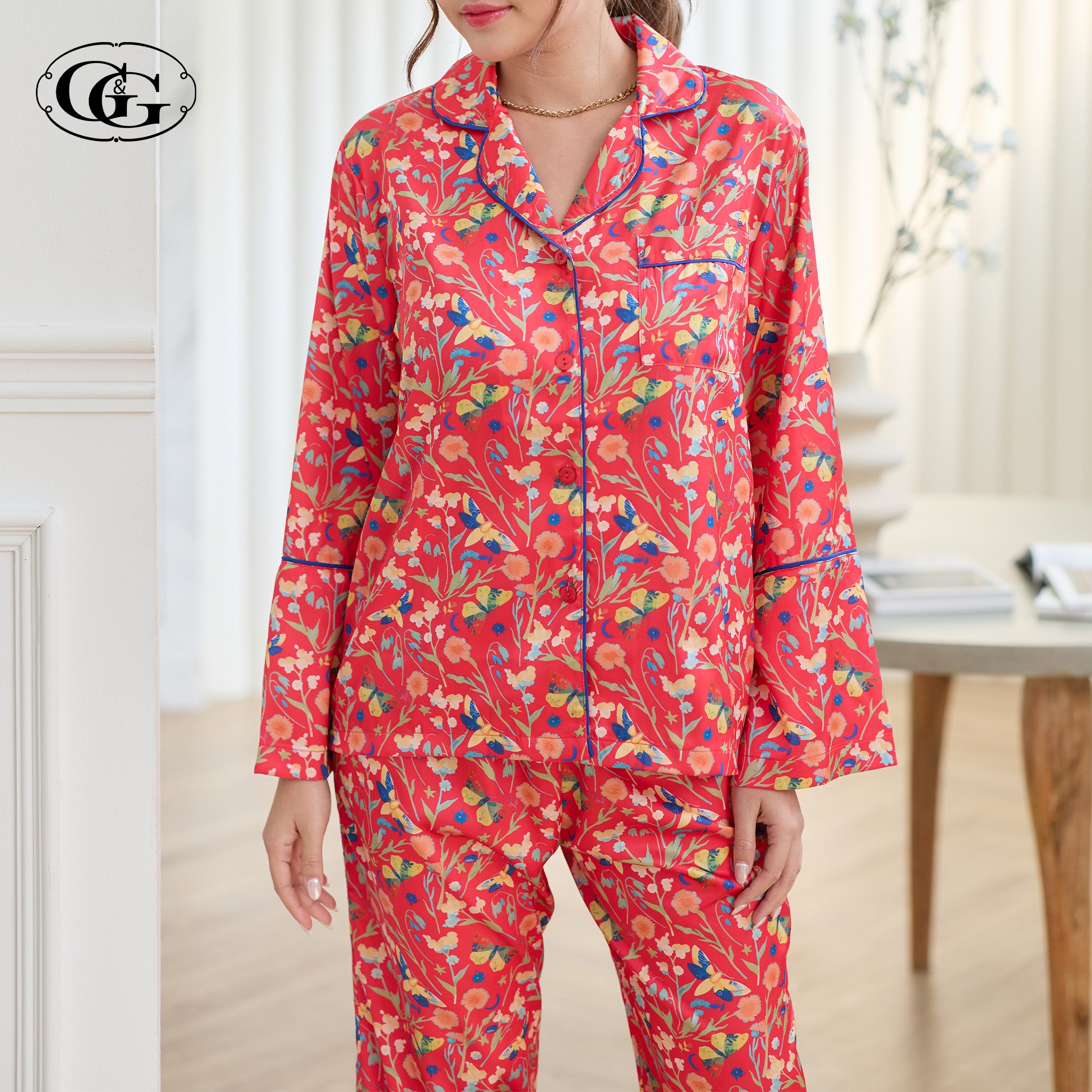 G&G - ชุดนอน เสื้อแขนยาวคอปก กางเกงขายาว ผ้าซาติน EN5S001