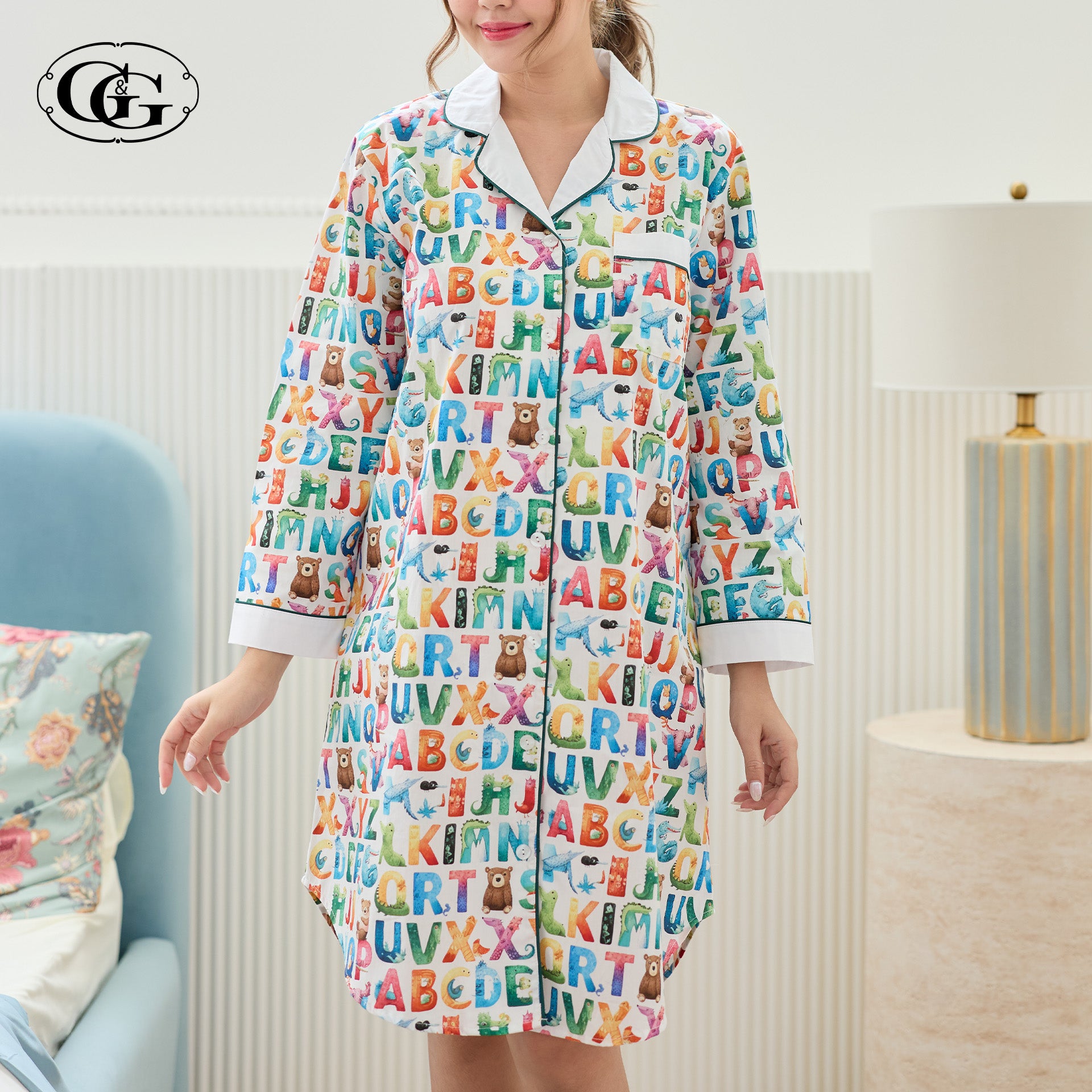 G&G - ชุดนอน เดรสกระโปรง คอปก แขนยาว กระดุมหน้า ผ้าคอตตอน EN7C001 สีขาว (WH)